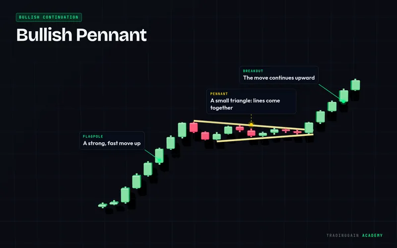 Bullish Pennant chart pattern explained with labels: bullish signal on a 3D candlestick chart