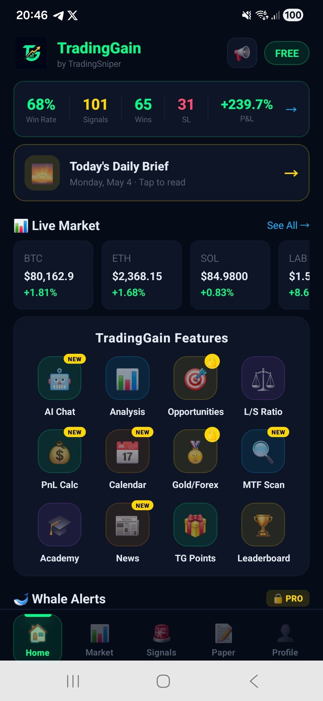 TradingGain home screen